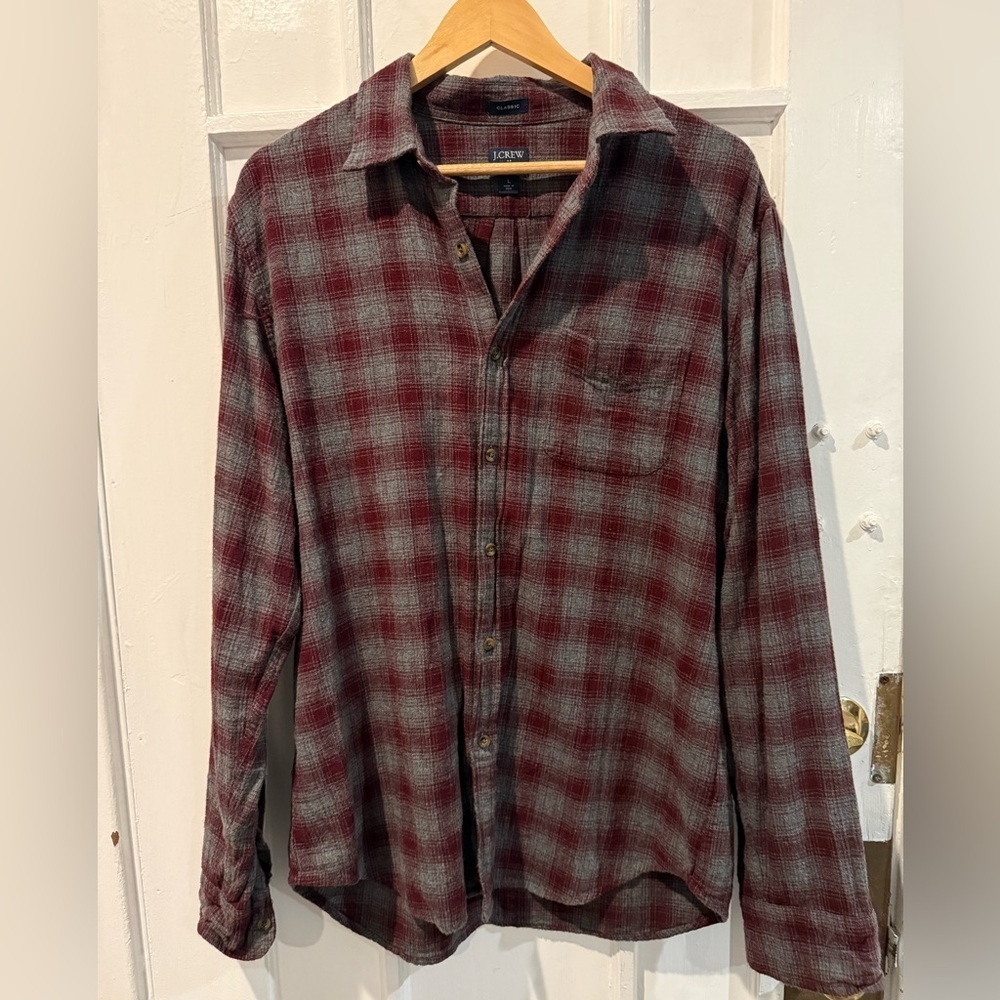 J. Crew Men's Burgundy and Gray Checkered Shirt